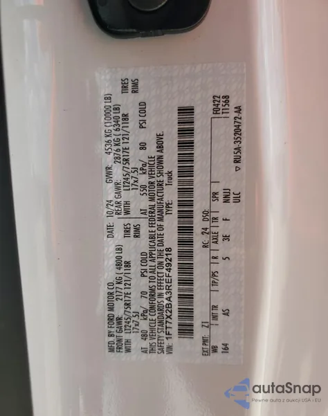 2024 Ford F250 Super Duty from USA, damaged, VIN 1FT7X2BA3REF49218